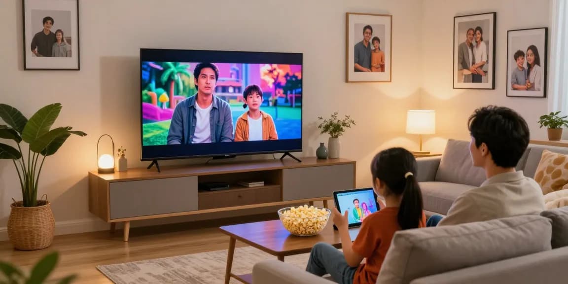 Une famille profite d'Atlas pro ontv en streaming sur un grand téléviseur dans un salon moderne.