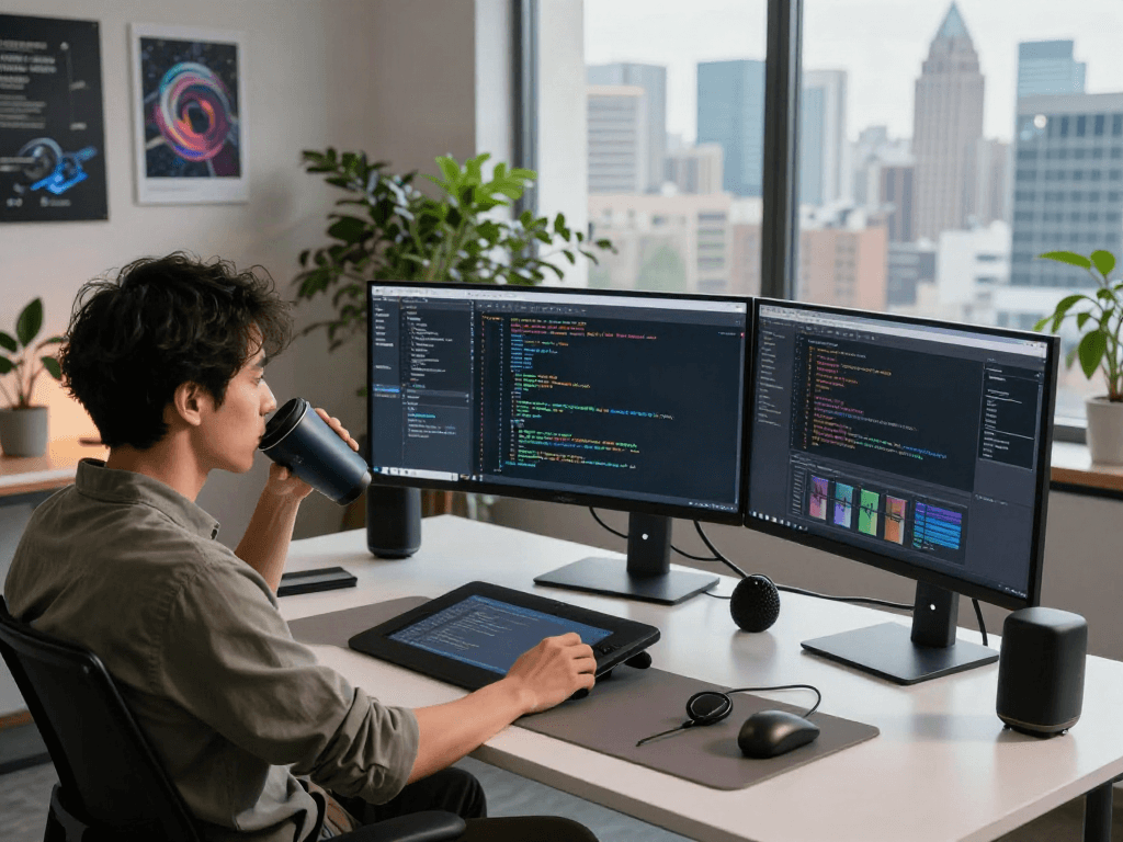 Développeur utilisant Atlas pro ontv dans un environnement de travail moderne avec plusieurs écrans.