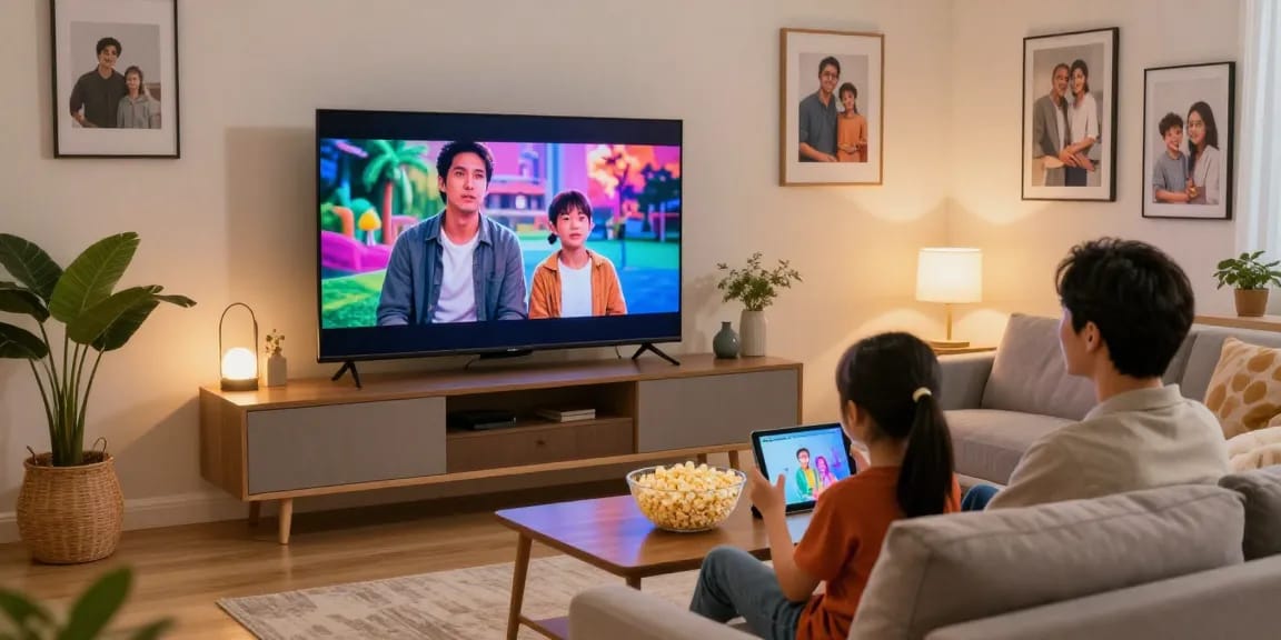 Une famille profite d'Atlas pro ontv en streaming sur un grand téléviseur dans un salon moderne.