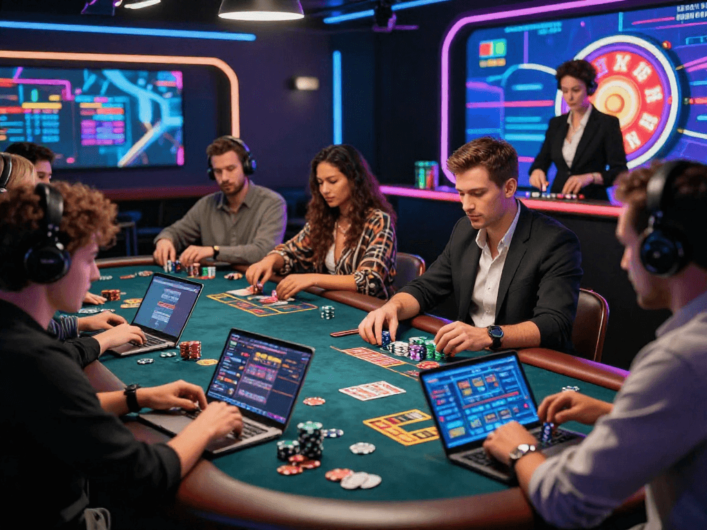 Joueurs engagés dans des jeux de casino en ligne avec ambiance lumineuse et excitante.