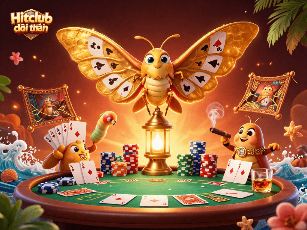 Experience the thrill of Hitclub đổi thưởng with dazzling casino scenes and vibrant poker elements.