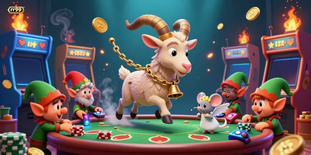 Engage with RR99 as the Krampus goat leads a thrilling casino scene filled with vibrant game elements.