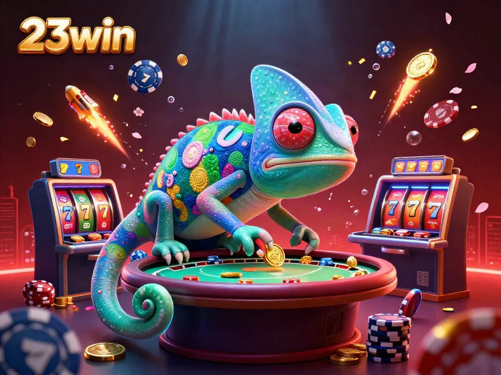 Engage in winning games with 23win's vibrant casino atmosphere featuring chameleon character.