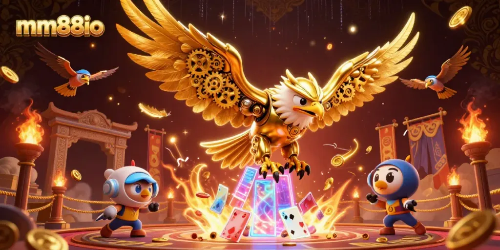 Experience an exhilarating mm88io gaming adventure with a cybernetic golden eagle amid holographic casino elements.