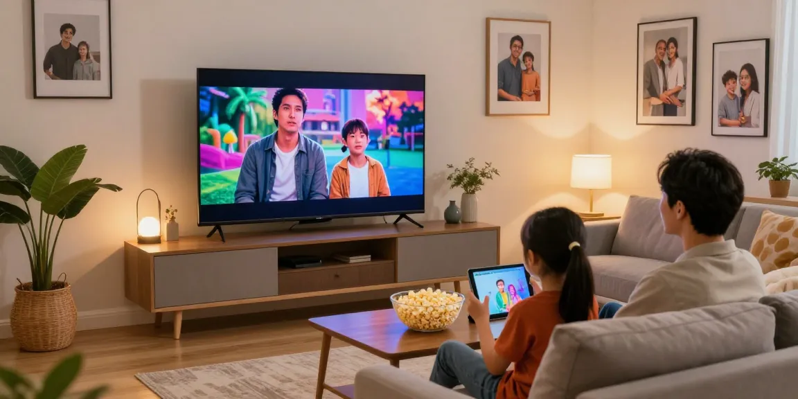 Une famille profite d'Atlas pro ontv en streaming sur un grand téléviseur dans un salon moderne.