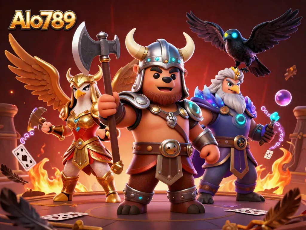 Alo789 showcases a fierce Viking bear and Valkyrie eagle in an exciting cockfighting arena.