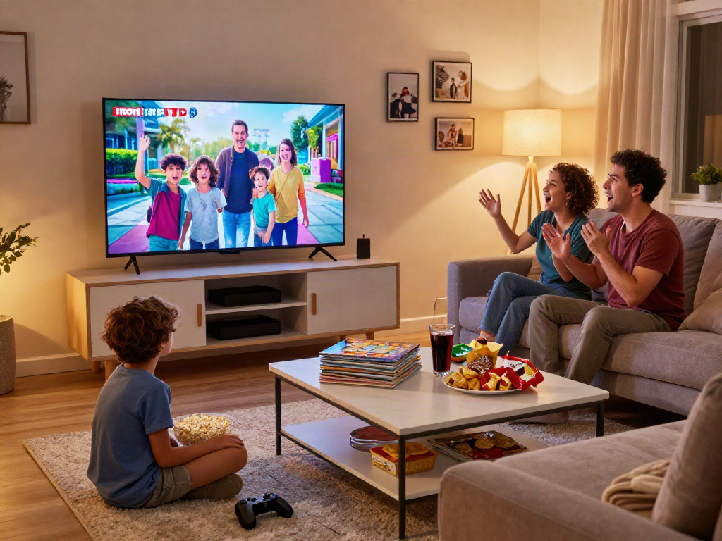 Family joyfully watching Iron TV in a cozy living room with snacks and games