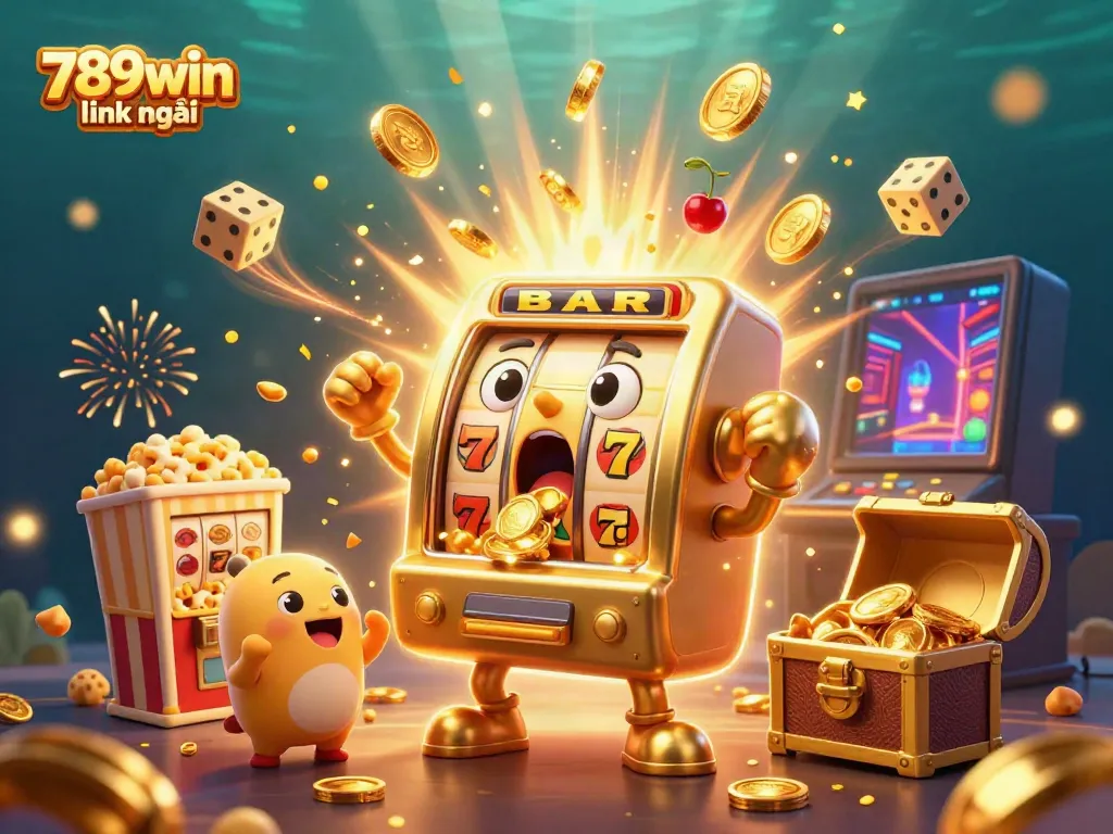 Experience an exciting 789win link mới jackpot moment with a golden slot machine celebrating while coins rain down, perfect for gambling enthusiasts.