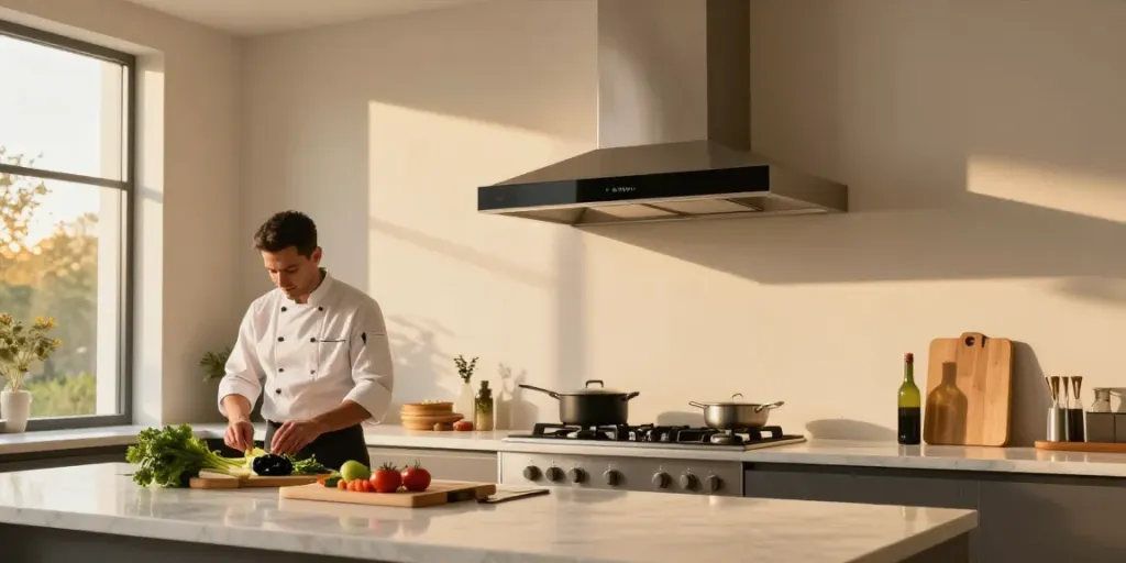 Installation d'une hotte aspirante 90 cm moderne dans une cuisine élégante avec éclairage naturel.