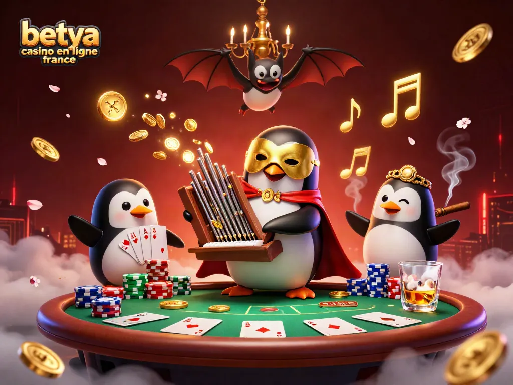 Experience the excitement of betya casino en ligne france with an enchanting scene featuring a joyful penguin at a casino organ.