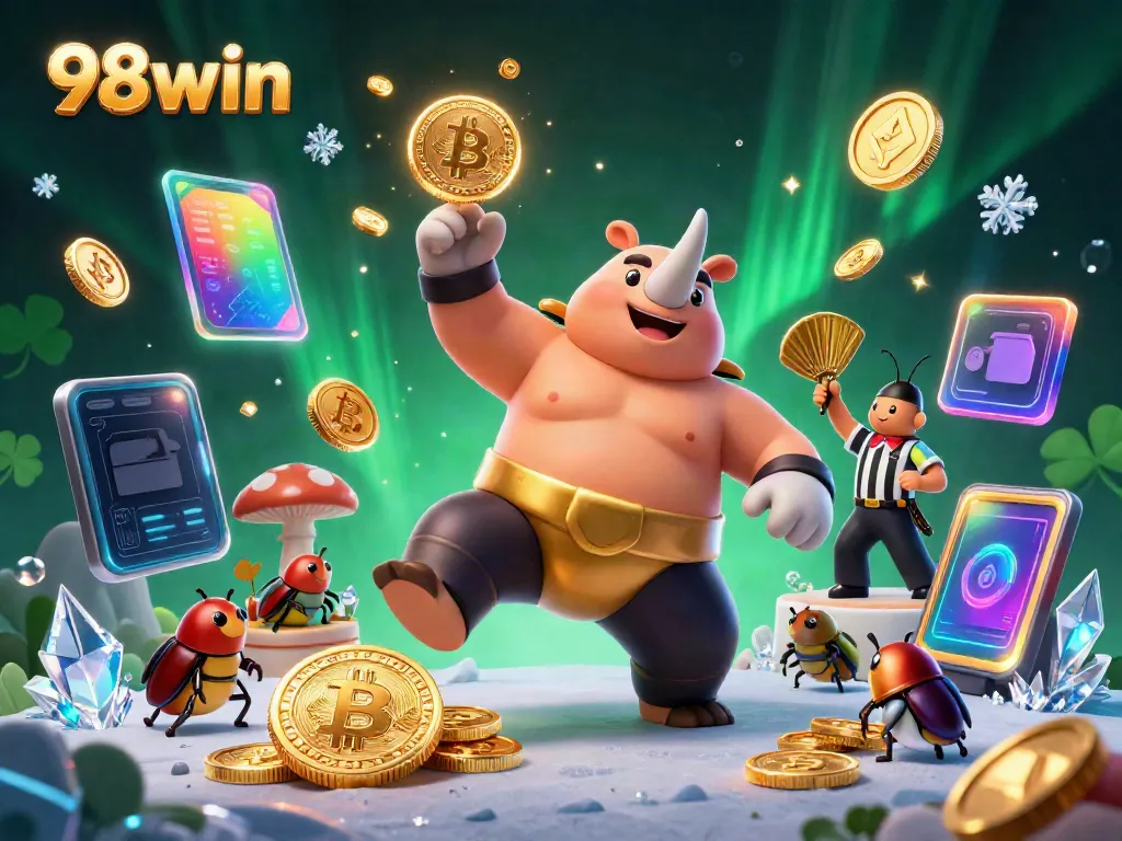 Experience 98win with a dynamic bet scene featuring a sumo beetle champion and crypto elements.