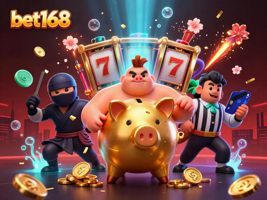 Experience the thrilling energy of bet168 in a vibrant casino scene featuring a sumo piggy bank and dynamic game elements.
