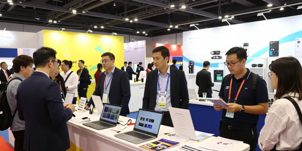 Vibrant trade show showcasing exposants engaging with attendees.