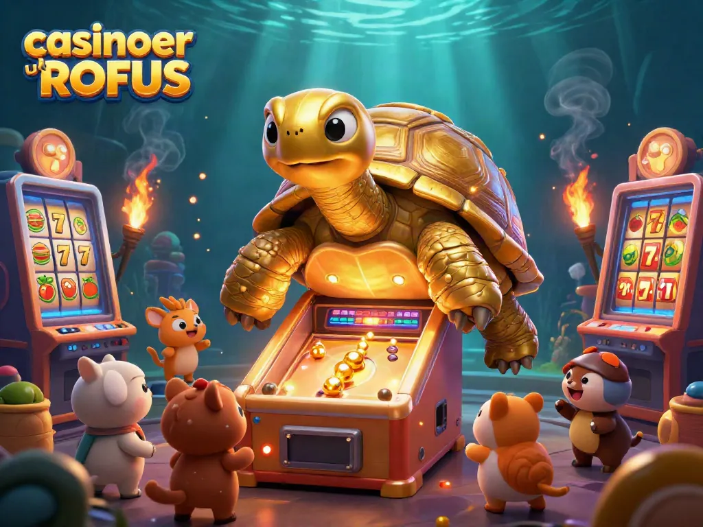 Win big at casinoer uden ROFUS with this vibrant 3D illustration of a golden tortoise pinball machine.