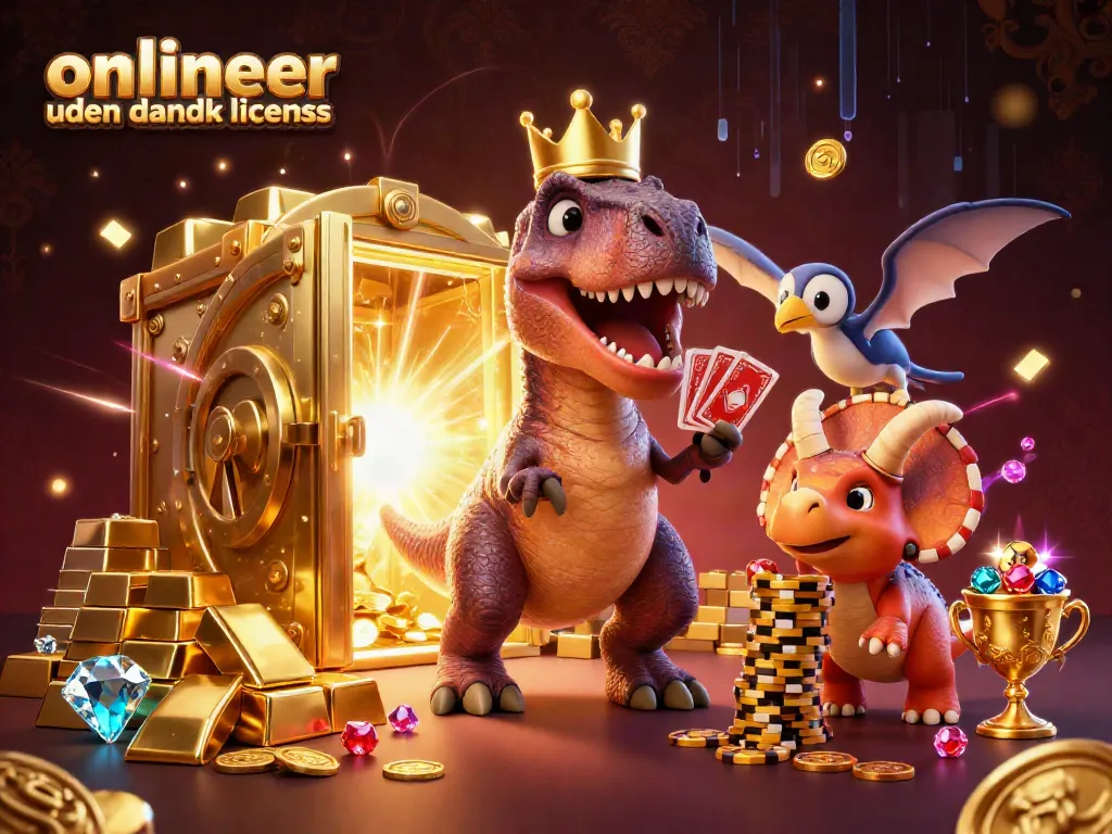 Experience thrilling action at online casinoer uden dansk licens with a T-Rex playing cards and a baby triceratops stacking chips.