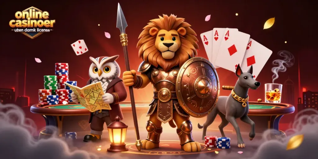 Engage with online casinoer uden dansk licens in a vibrant 3D casino scene filled with poker elements.