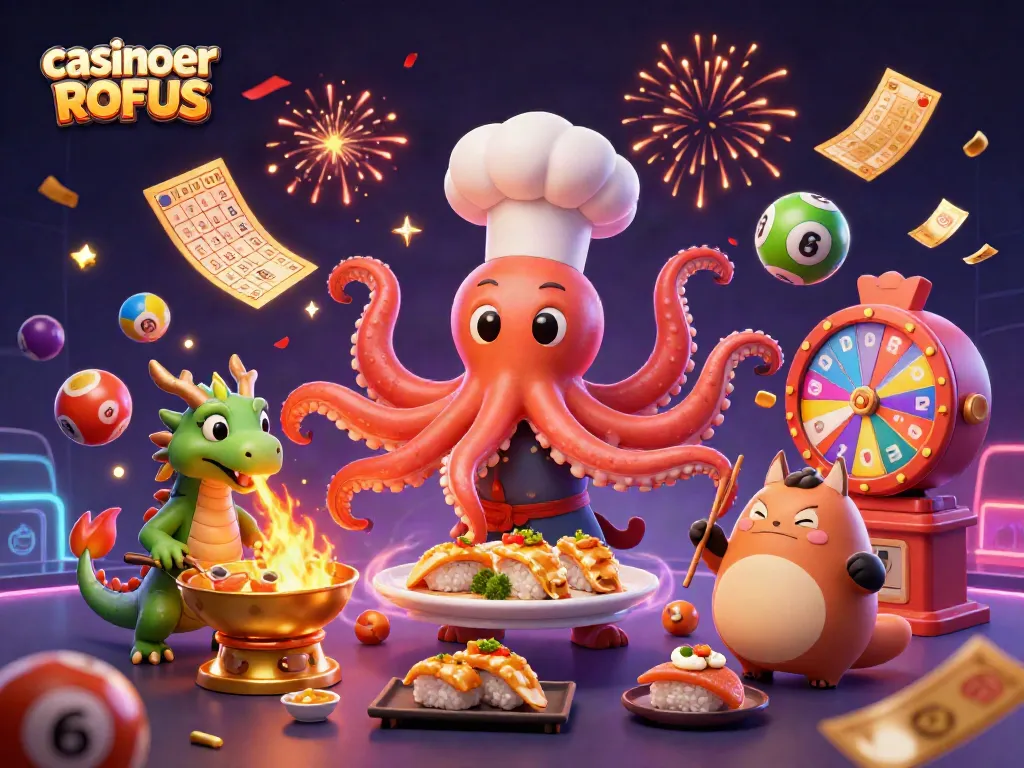 Experience casinoer uden ROFUS with a lively scene featuring a sushi chef octopus and thematic lottery elements.