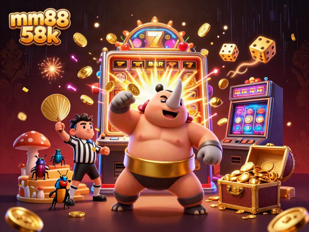 Experience thrilling gameplay at mm88 58k with a dynamic illustration of a beetle champion amidst a jackpot explosion.