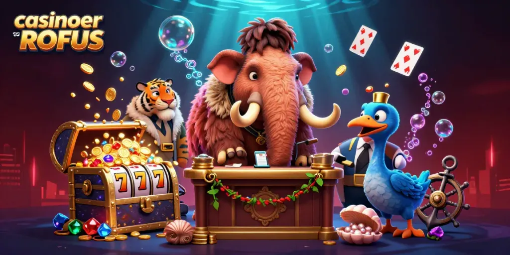 Enjoy an exciting scene of casinoer uden ROFUS featuring fun characters and slot reels.