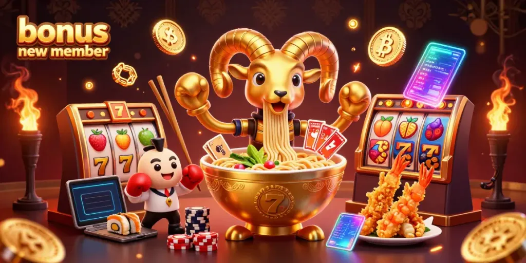 Experience dynamic gaming with a bonus new member welcome, showcasing vibrant 3D characters in lively casino action.
