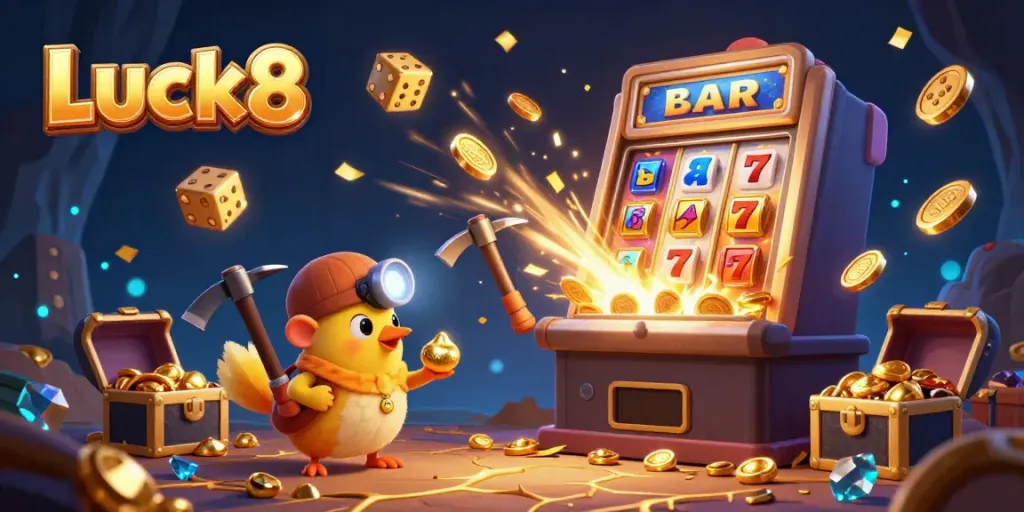 Experience winning moments at Luck8 with a treasure hunter mole amidst flashing jackpots and vibrant casino elements.