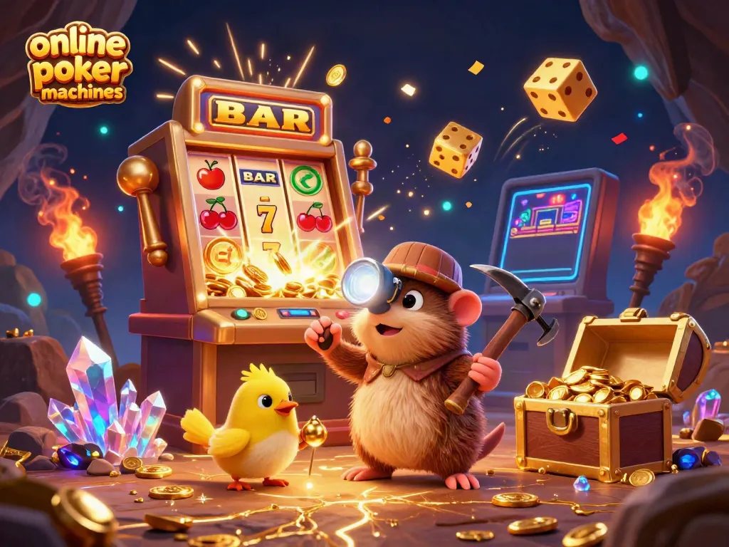 Win big with online poker machines in this captivating 3D illustration featuring a treasure hunter and rich casino elements.