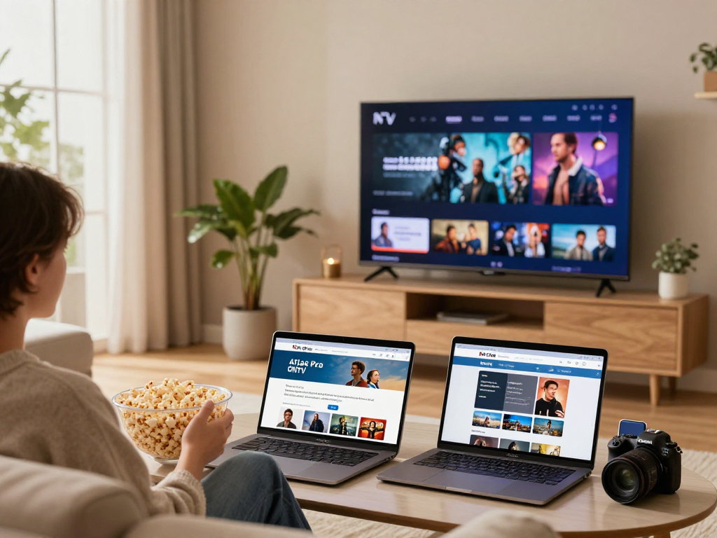 Un utilisateur de l'Atlas pro ontv regardant des films en streaming à domicile dans son salon confortable.