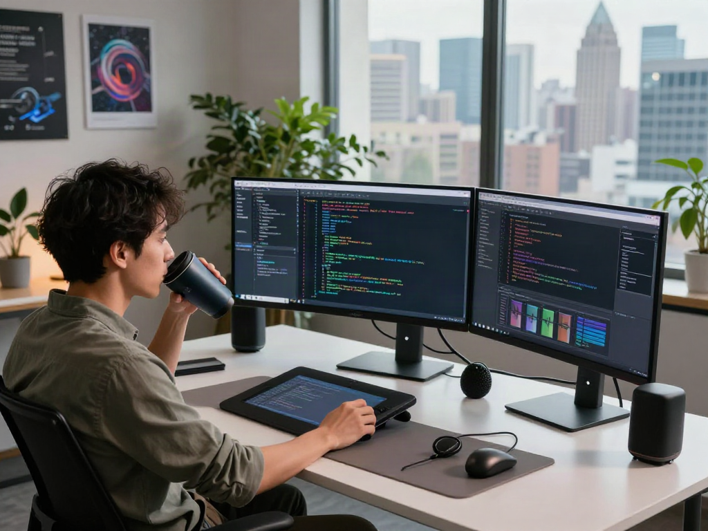 Développeur utilisant Atlas pro ontv dans un environnement de travail moderne avec plusieurs écrans.