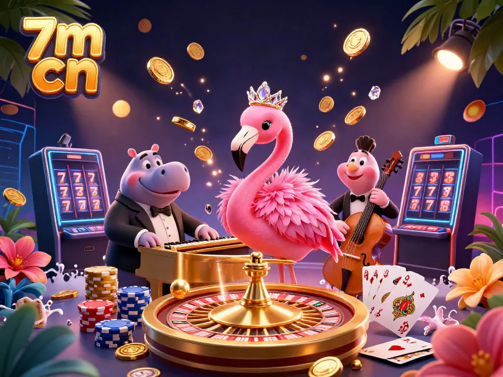Experience the vibrant atmosphere of 7m cn with a lively casino-themed scene featuring a flamingo singer and hippo bassist.