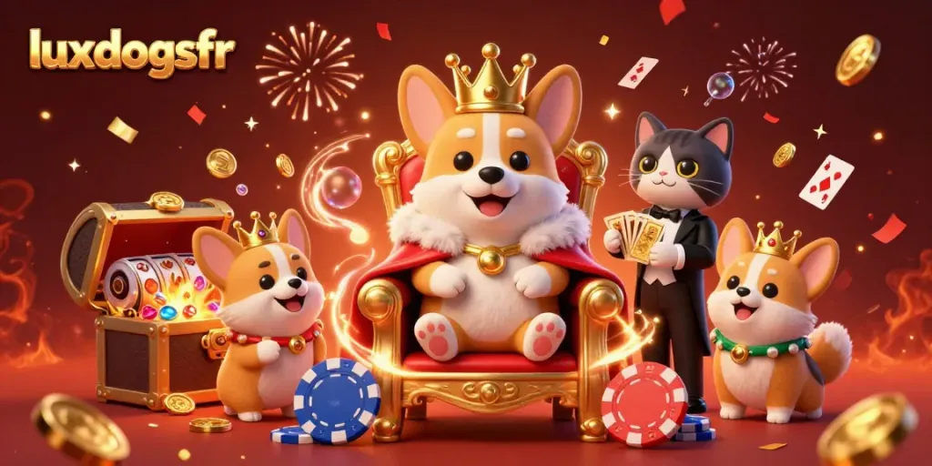 Enhance your gaming experience at luxdogsfr with exclusive casino themes featuring royal corgis amidst vibrant celebrations.