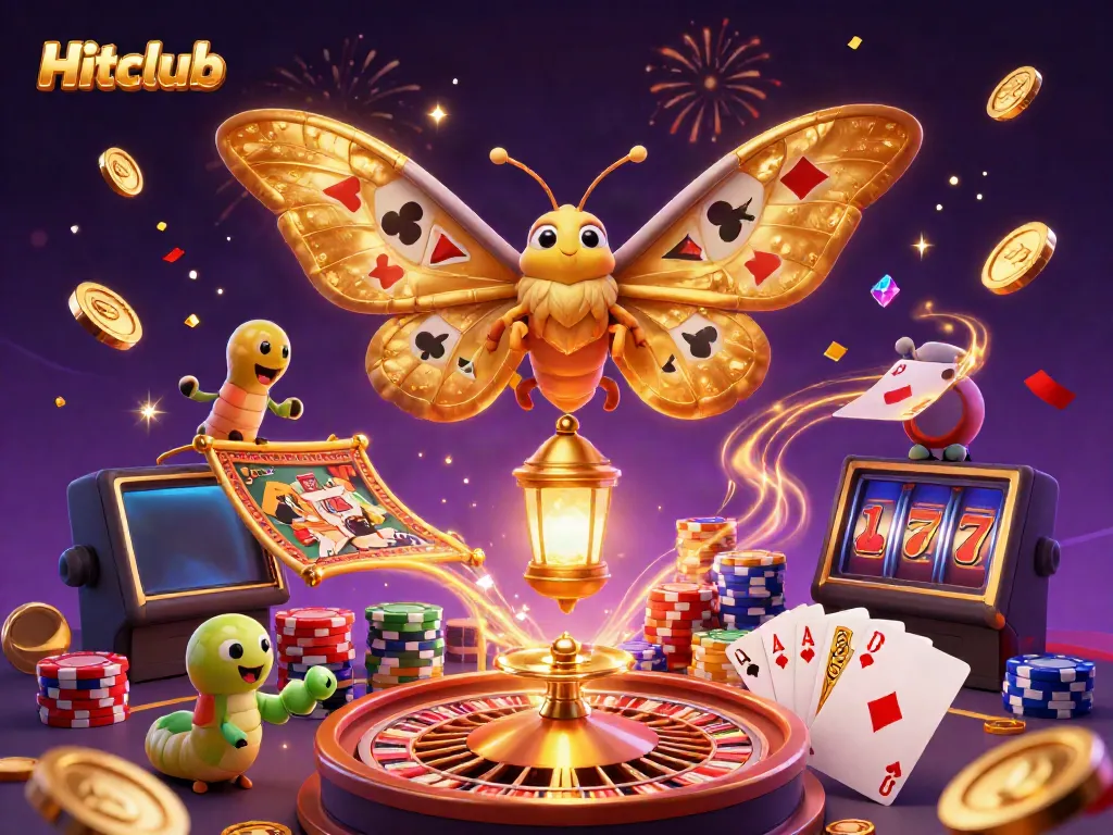 Experience the Hitclub magic with golden moths, casino scenes, and vibrant game elements.